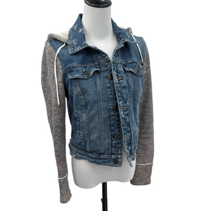 Free People Size Small Hooded Denim Jacket Removable Hood Button Down